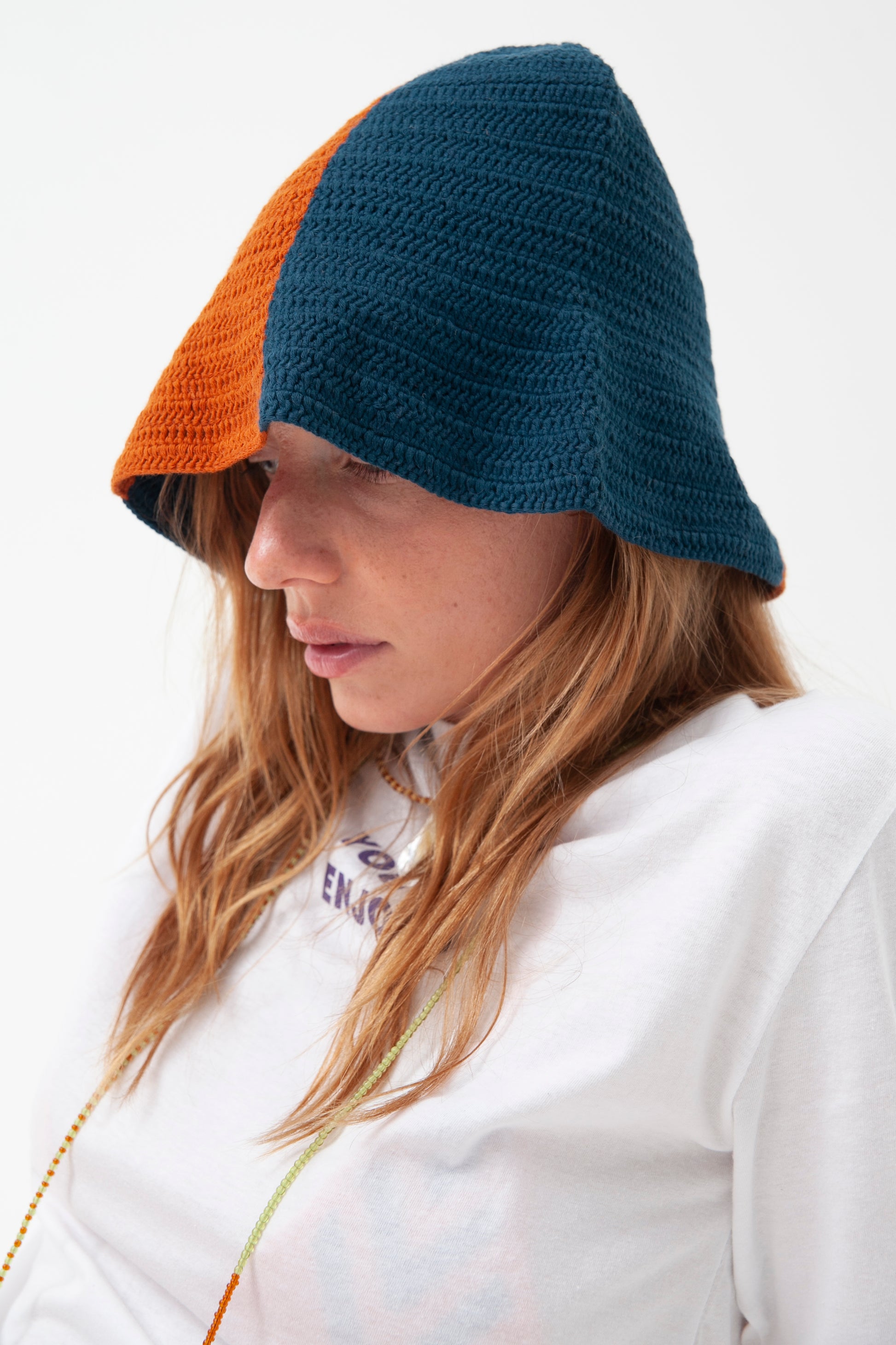 Cotton crochet bucket hat with dual stripe in Navy and Brown. Handmade sustainably from landfill diverted fibre. Soft hand feel. One size fits all.