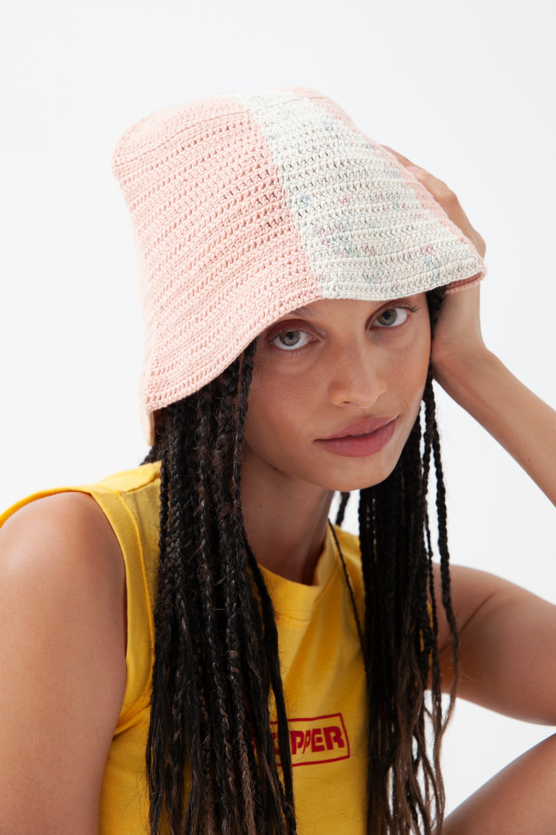 Cotton crochet bucket hat with dual stripe in Light Pink and Spacedye. Handmade sustainably from landfill diverted fibre. Soft hand feel. One size fits all.
