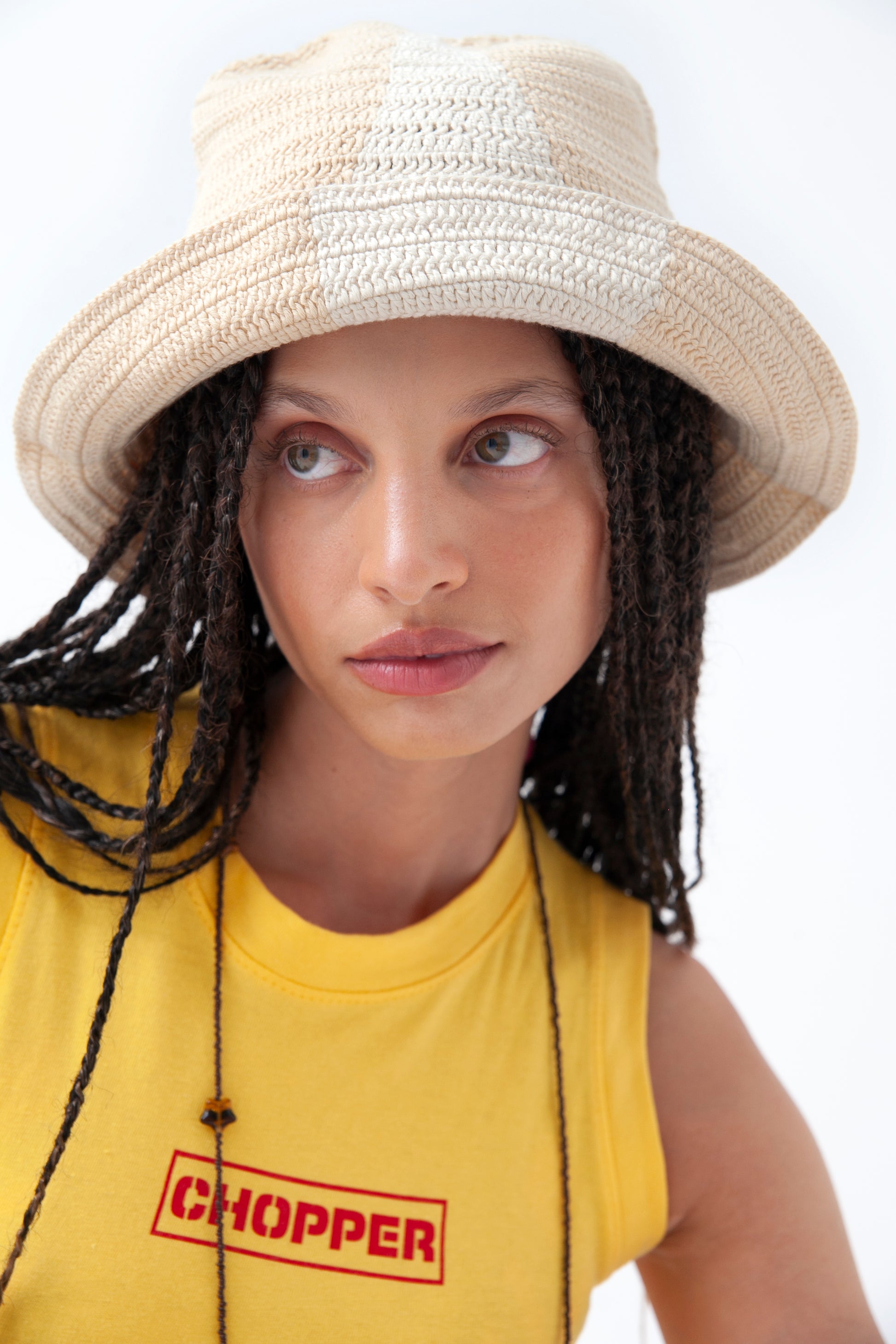 Cotton crochet bucket hat with dual stripe. Handmade sustainably from landfill diverted fibre. Soft hand feel. One size fits all.