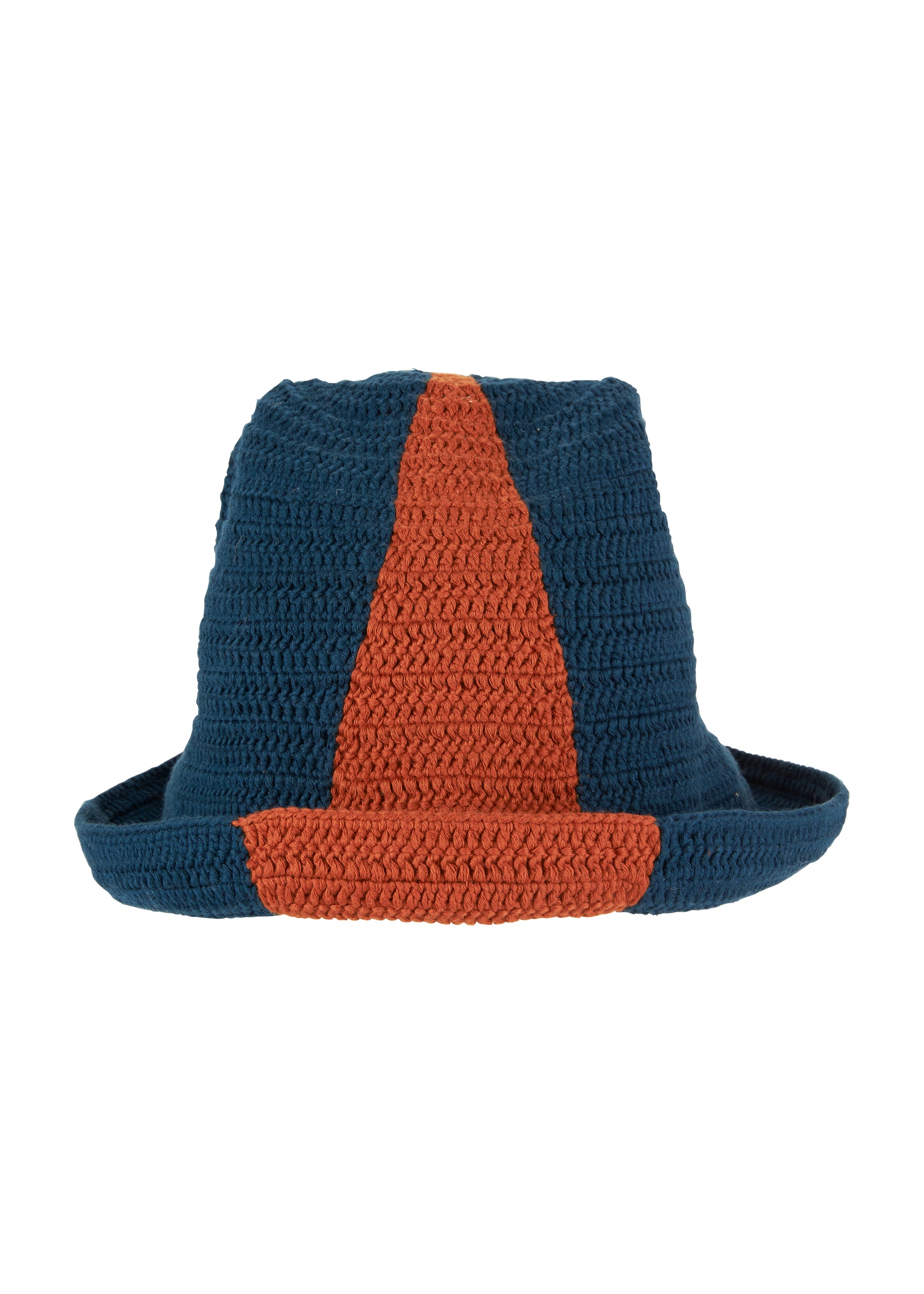 Cotton crochet bucket hat with dual stripe in Navy and Brown. Handmade sustainably from landfill diverted fibre. Soft hand feel. One size fits all.