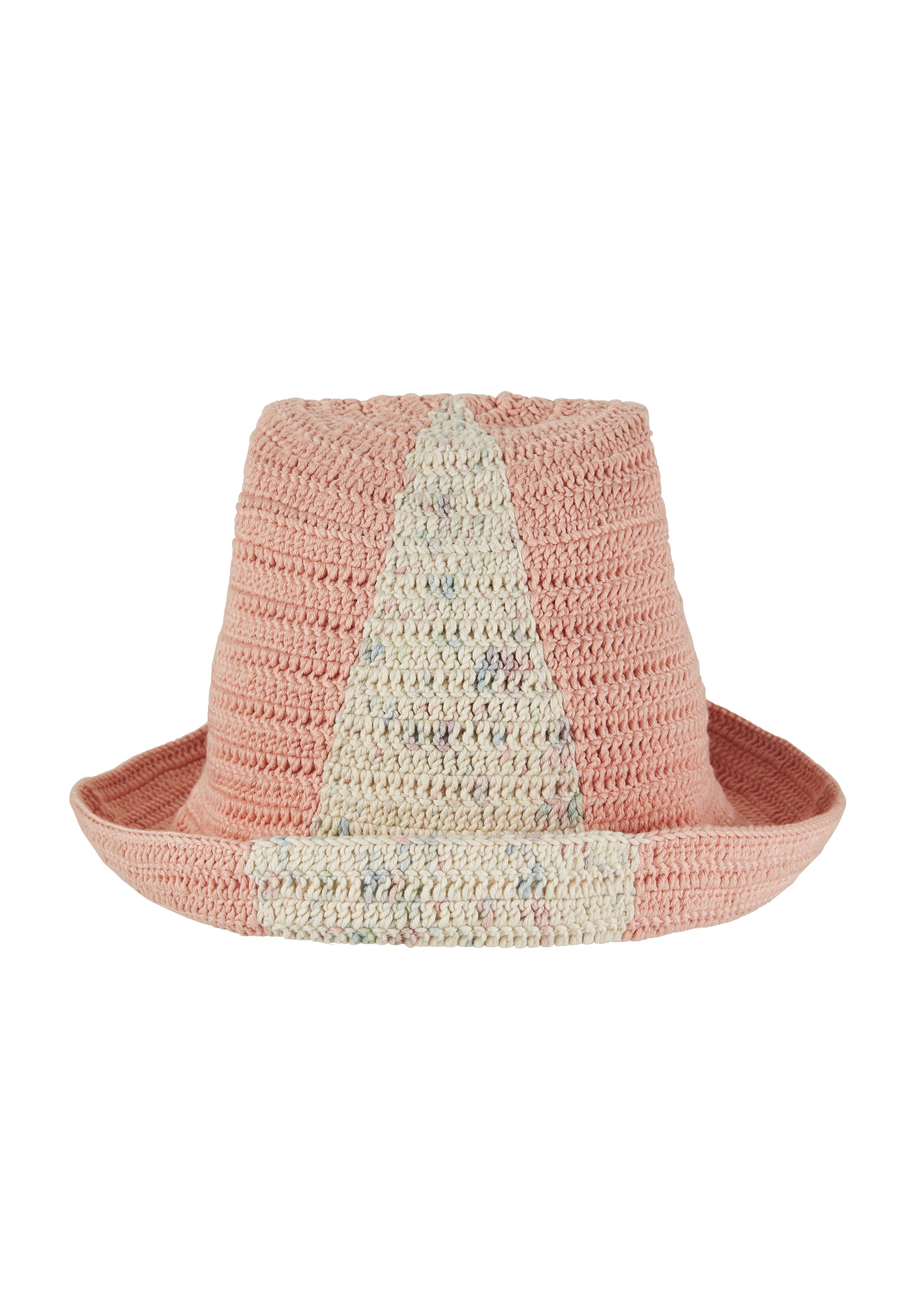 Cotton crochet bucket hat with dual stripe in Light Pink and Spacedye. Handmade sustainably from landfill diverted fibre. Soft hand feel. One size fits all.