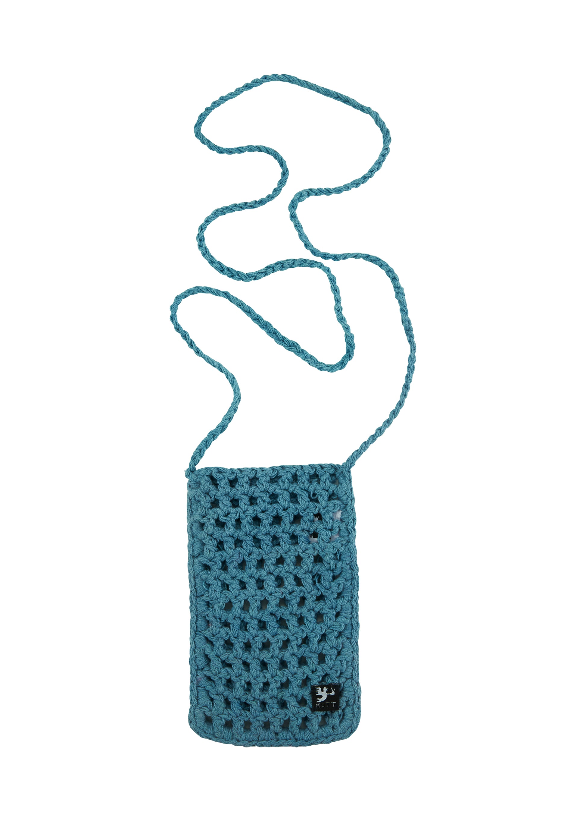 Cotton crochet pocket sling for phones and small items in Blue.